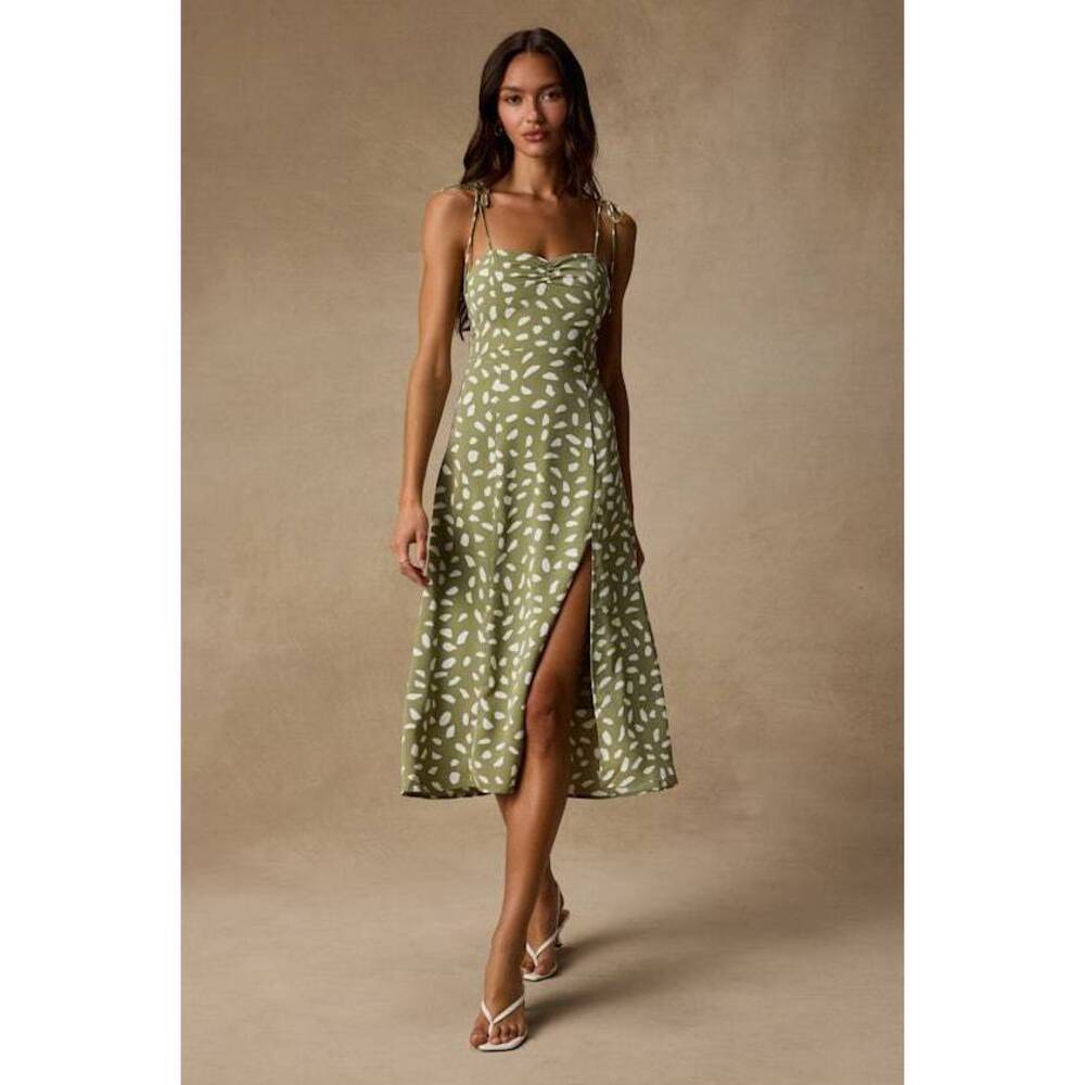 Lulus Party In Paris Sage Green Print Tie-strap Midi Dress - Size S